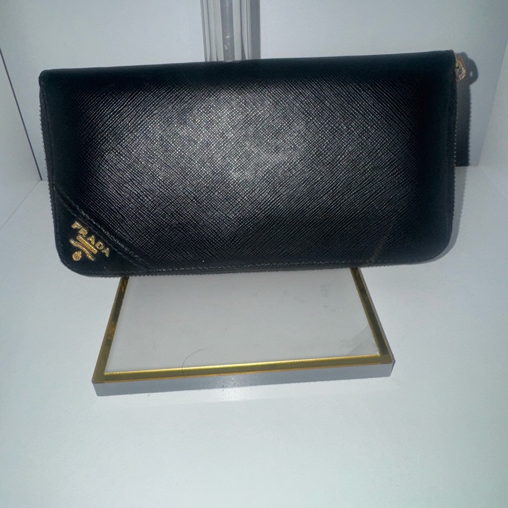 Prada Black Saffiano Leather Zip Pouch with Gold Logo